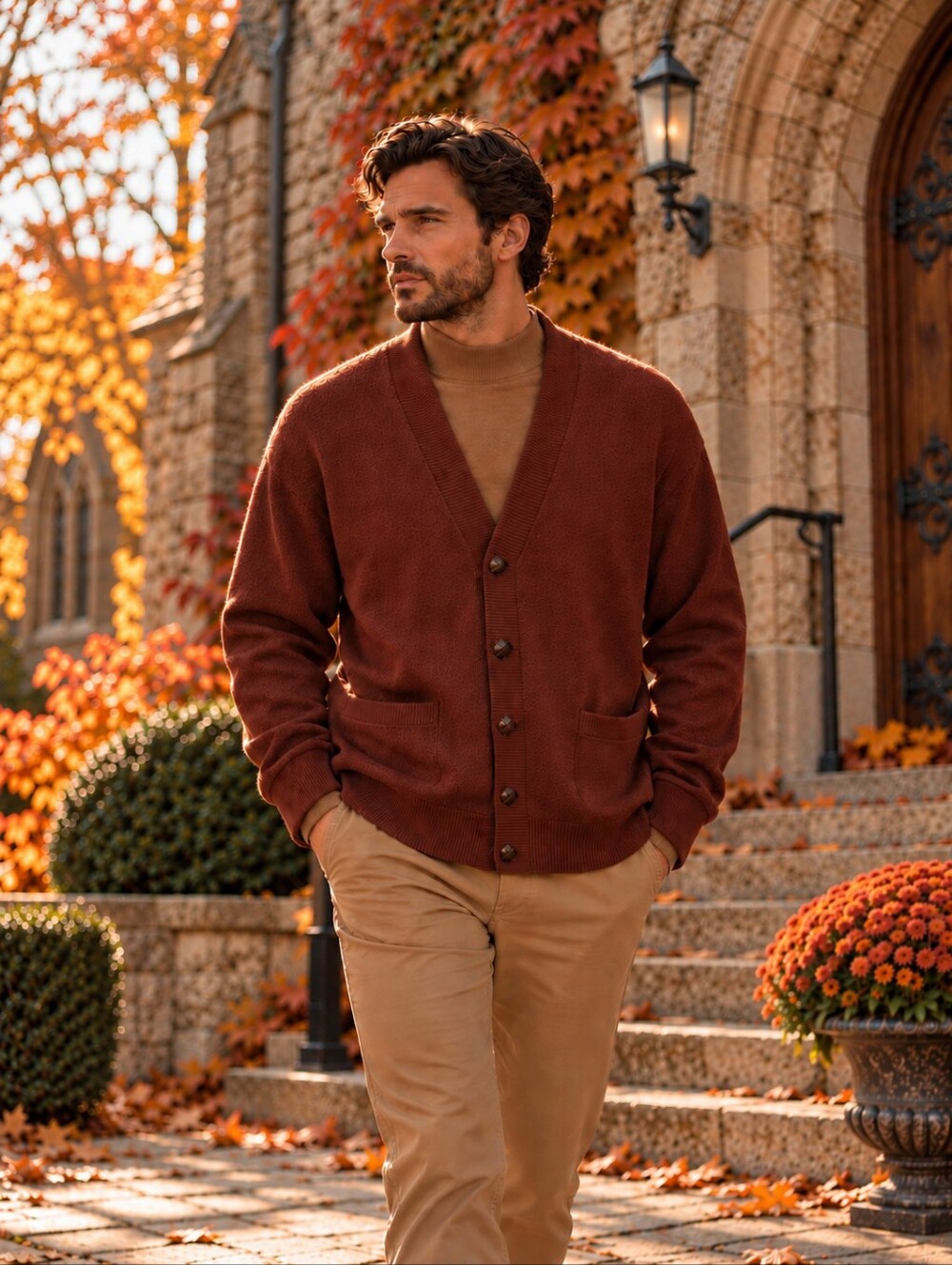 Chestnut Brown Lambswool Button-Front Cardigan